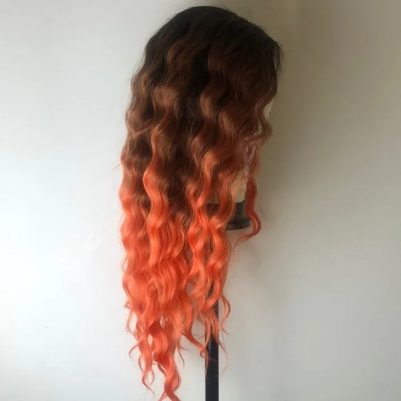 30” ORANGE BROWN OMBRÉ CELEB WAVY LACEFRONT WIG ombre-orange-wig-curly-  main image 4